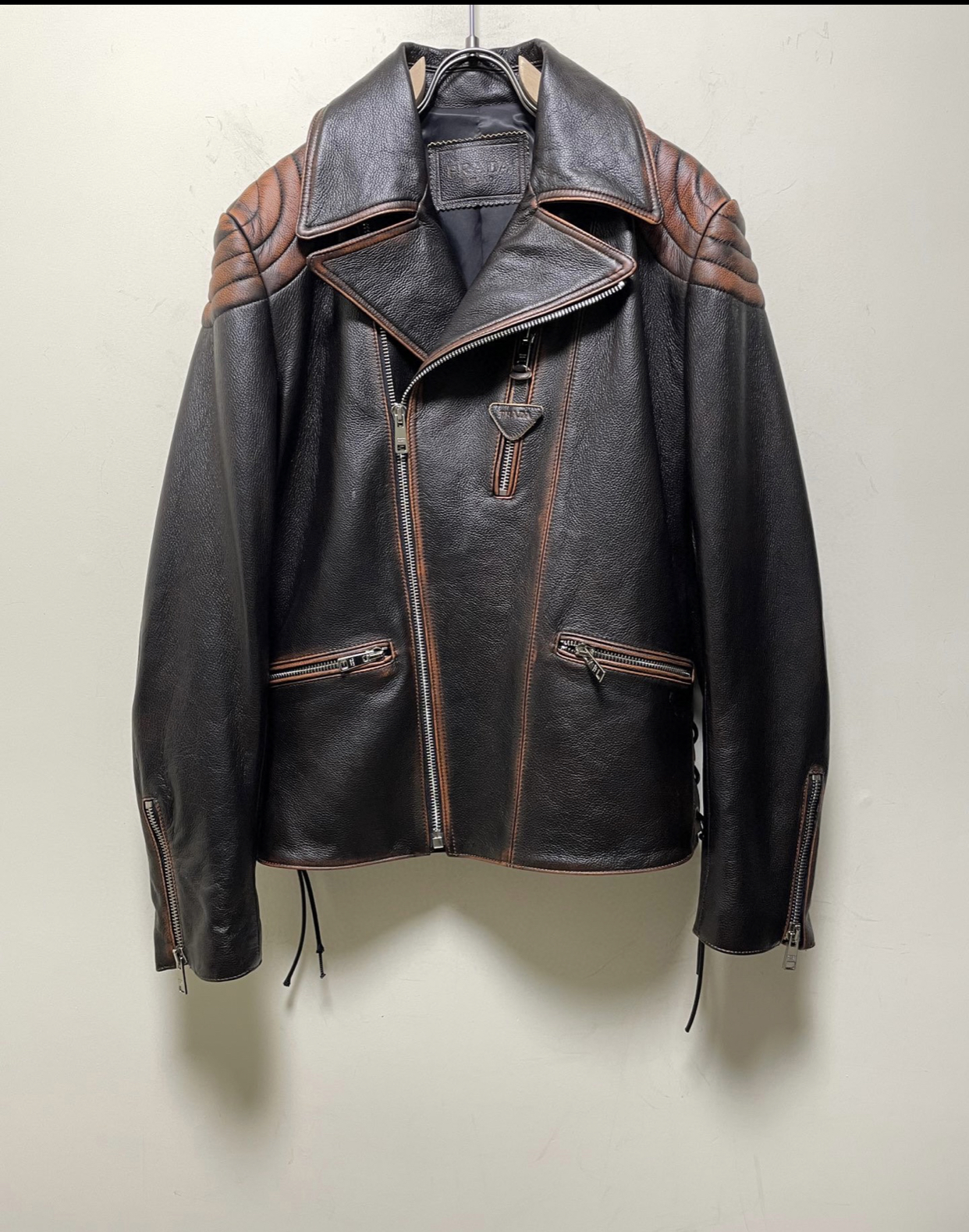 PRADA FADED LEATHER BIKER JACKET