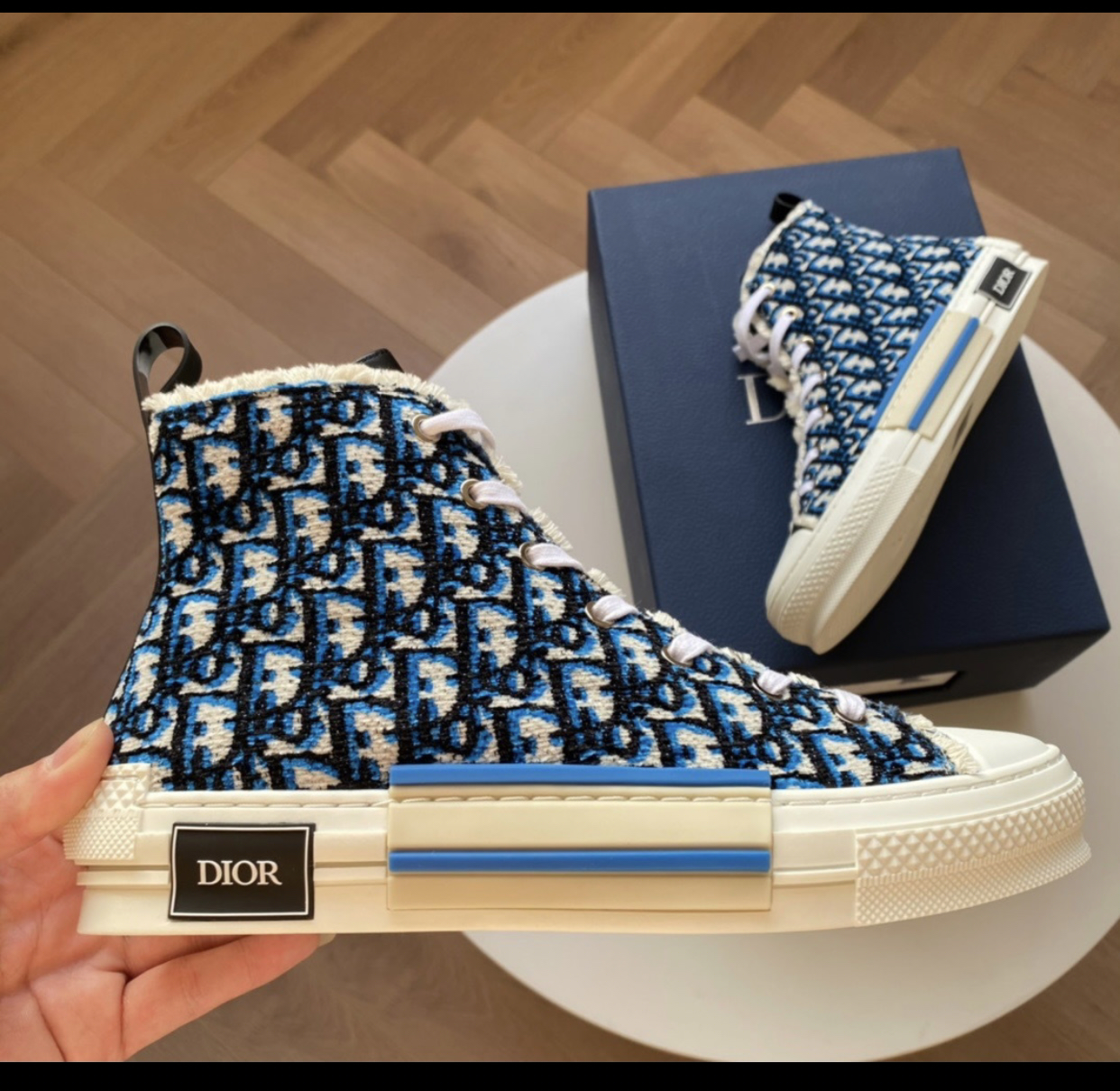 DIOR B23 HIGH TOP BEIGE BLACK AND NAVY SNEAKERS