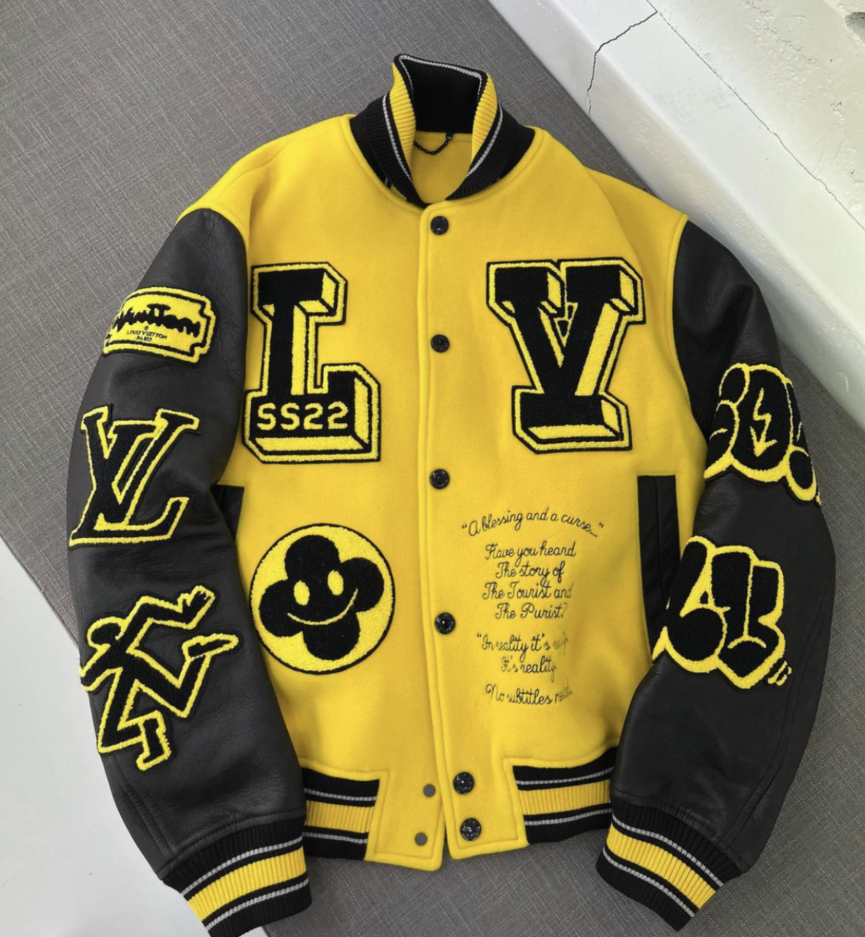 LOUIS VUITTON LEATHER YELLOW EMBROIDERED VARSITY JACKET