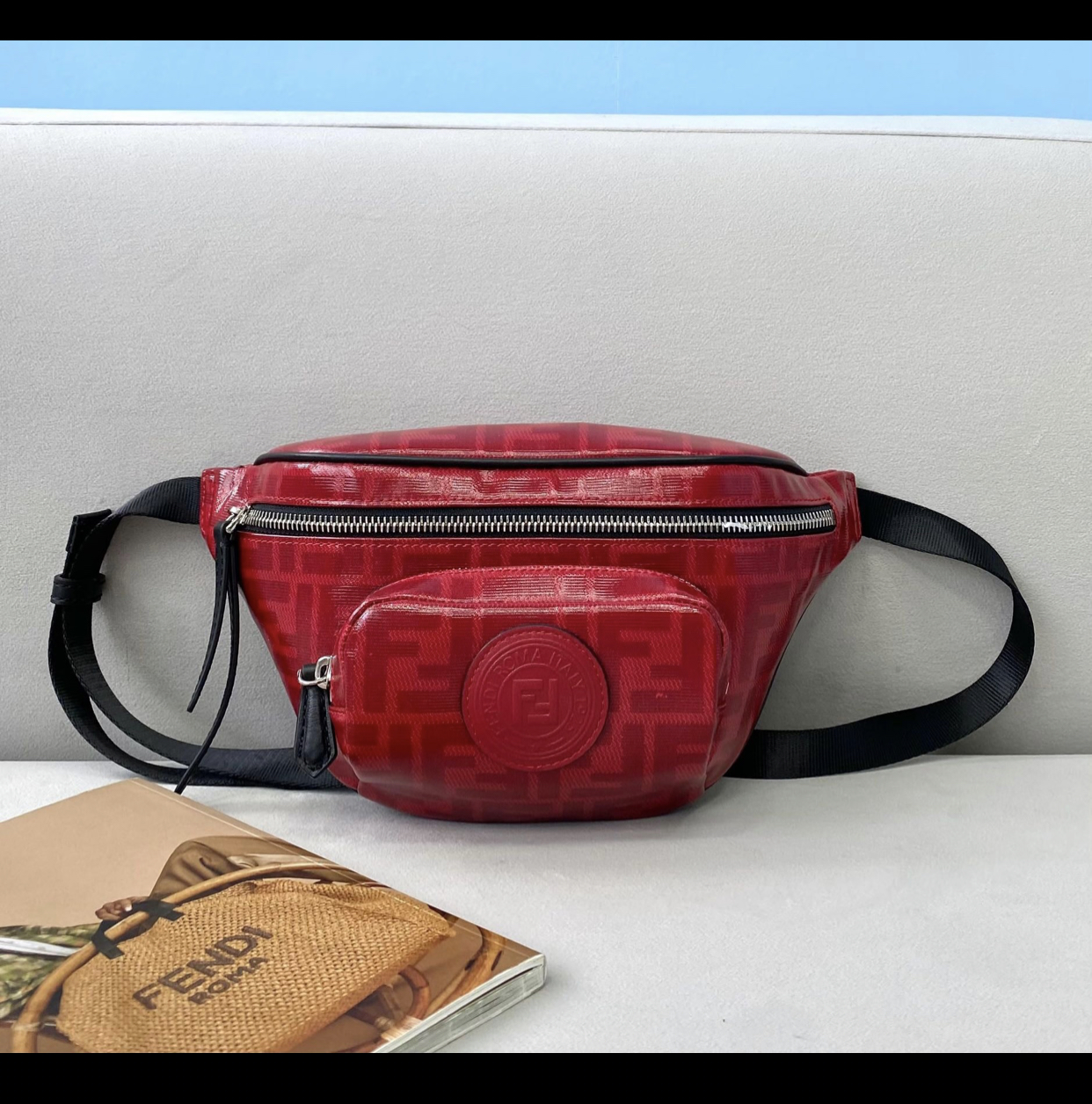 FENDI MEN'S VERTFICATO PRINTED BELT BAG/FANNY PACK IN RED