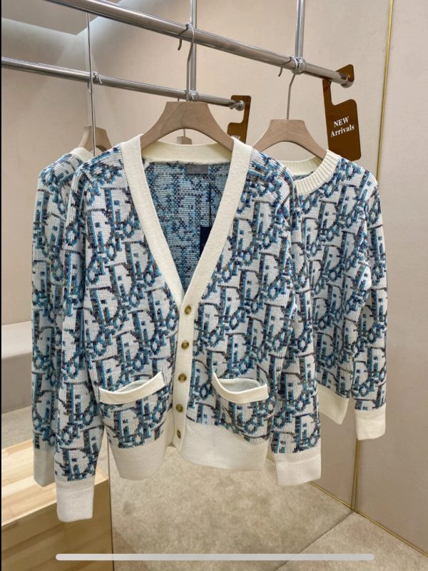 Dior Oblique Cardigan White and Blue Virgin Wool Jacquard